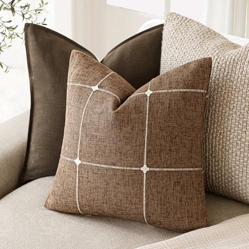 Image of Foindtower Pack of 2 Decorative Faux Linen Jacquard Check Throw Pillow Covers Farmhouse Cushion Cover with Grid Textured Accent Pillowcase for Couch Sofa Living Room Home Decor,16x16 Inch,Orange Brown