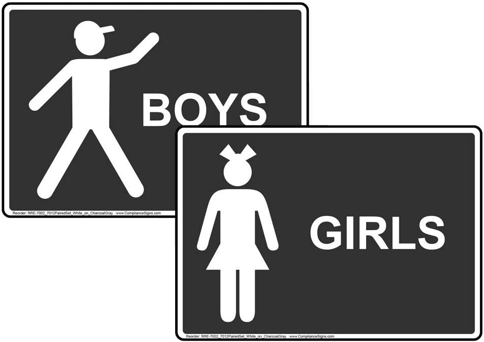 ComplianceSigns.com Girls Boys Restroom Sign Set, 7x5 inch Charcoal Gray Plastic for Public Bathrooms