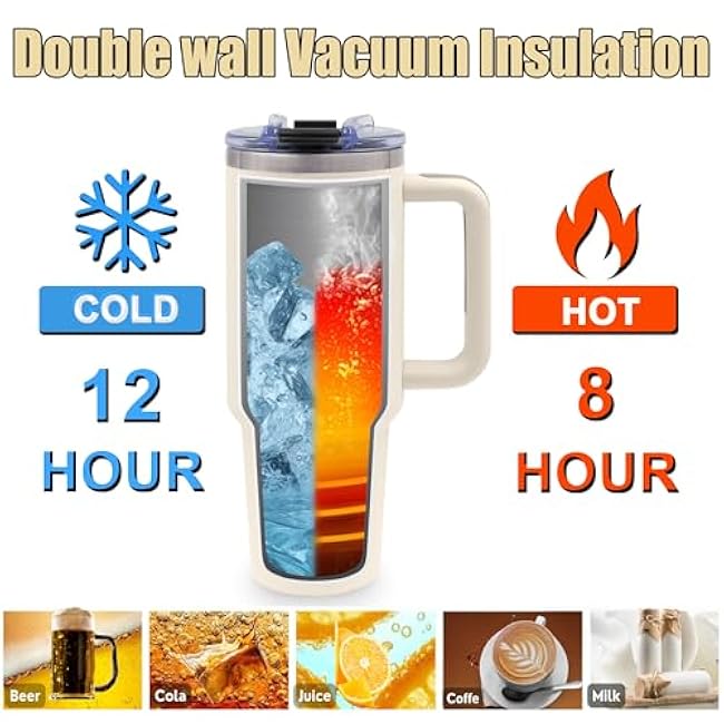 Bees Tumbler with Handle - 40oz Stainless Steel Travel Mug Insulated Coffee Cup, Bee Gifts for Women, Bees Gifts for Bee Lovers Woman Birthday (with Lid and Straw)