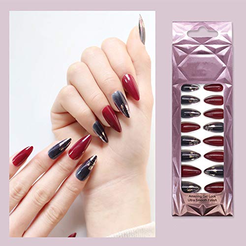 Vcedas 24PCS False Tips Acrylic Fashion Glossy Long Stiletto Nail Almond Long Sharp Red Press on Nails with 2PCS Nail Transparent Stickers For Finger Art