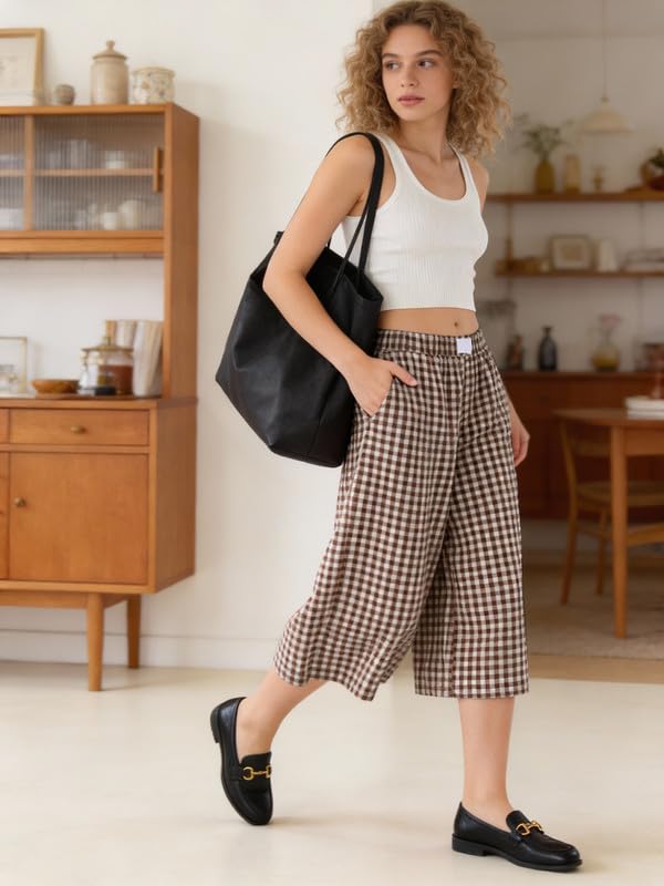 Image of Marvmys Women's Cotton Capri Pants Plaid Gingham Elastic Waist Casual Wide Leg Palazzo Culottes Pants with Pockets S-2XL