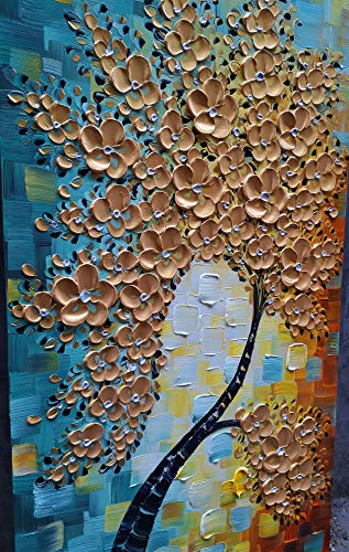 YaSheng Art- 3D Abstract Art Oil Painting On Canvas Texture Palette Knife Golden Flowers Paintings Modern Canvas Wall Art Home Decor painting Ready to hang (20x40inch)