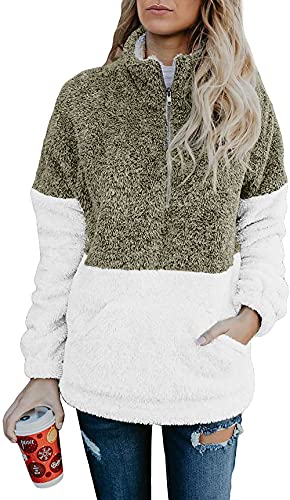BTFBM Women Sherpa Pullover Quarter Zip Long Sleeve Fluffy Soft Fleece Jackets Sweaters Sweatshirts Hoodies Outwear Coat (Khaki, Large)