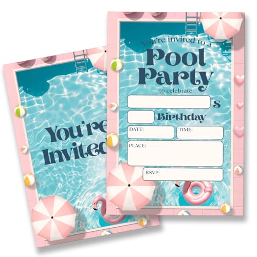 QZJ Pool Birthday Party Invitations Supplies with Envelopes Set of 20 Swimming Birthday Invitations for Girls Fill in Blank Double Sided