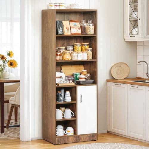 Image of ABOUT SPACE Kitchen Organizer Rack - 5.5 ft Wooden Kitchen Cabinet with 3 Long, 3 Adjustable Shelves, 1 Rack with Door & Adjustable Shelf for Home (White, Walnut - L 60 x B 30.5 x H 166.5 cm)