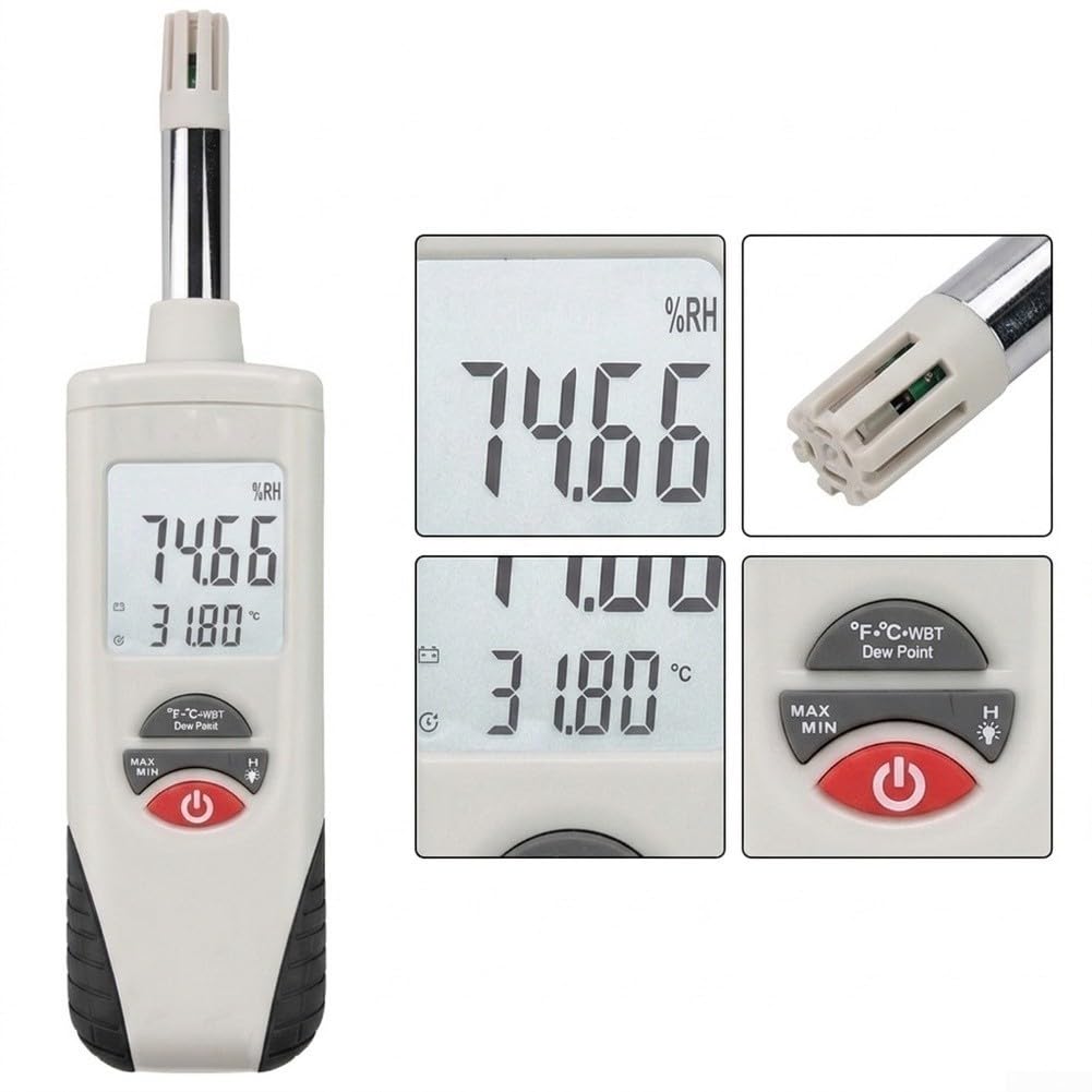 Termómetro higrómetro digital HT-350 con soporte de pared, medición de | Temperatura humedad punto de rocío temperatura de bola húmeda, precisión ±2%, °C/°F conmutable, para invernadero de oficina