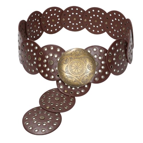 JASGOOD Western Belts for Women Wide Hollow Disc Leather Belt Cowgirl Waist Belt for Jeans Dresses with Metal Buckle