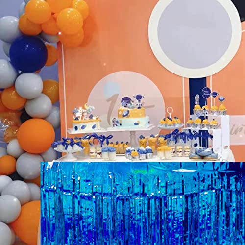 2 Packs Blue Metallic Foil Fringe Tinsel Table Skirts For Rectangle Tables Streamer Curtains Backdrop For Birthday Wedding Christmas Graduation Baby Shower Halloween Party Decoration -29X108 Inch #TOP4