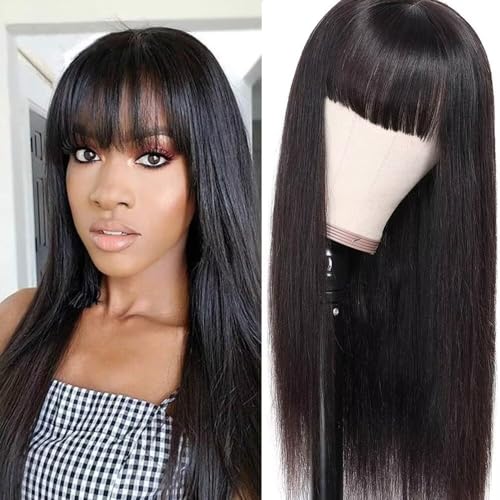 Wig Avec Bang Cheveux Humains Naturels 150% Densité Sans Collerette Pour Femmes Pute En Place Directement