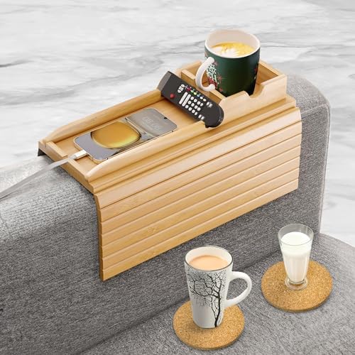 Bamboo Couch Cup Holder Tray with 2 Cork Coasters, Couch Arm Tray...