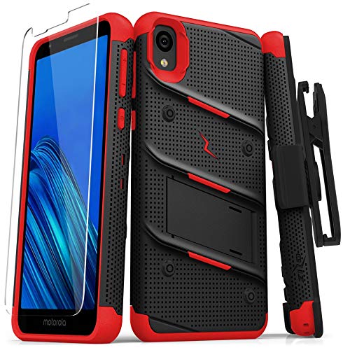 ZIZO Bolt Series Motorola Moto E6 Case | Heavy-Duty Military-Grade Drop Protection w/Kickstand Included Belt Clip Holster Tempered Glass Lanyard (Black/Red)