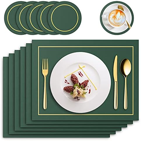 RIWNNI Placemats and Coaster Sets 6, PU Leather Dining Table Mats, Waterproof and Oilproof Heat Resistant Mats 41 x 31 cm (Green)