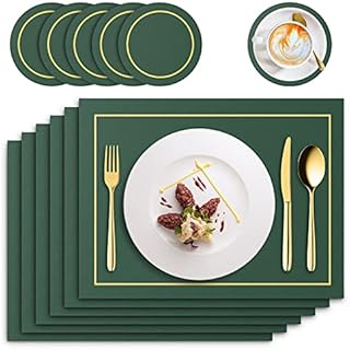 RIWNNI Placemats and Coaster Sets 6, PU Leather Dining Table Mats, Waterproof and Oilproof Heat Resistant Mats 41 x 31 cm (Green)