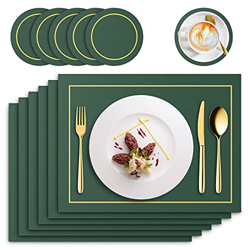 RIWNNI Manteles Individuales de Cuero PU, Juego de 6 Mantel Individual y 6 Posavasos, Lavables Antimanchas Antideslizante Salvamanteles Individuales, 41x31cm Rectangulares Salvamanteles, Verde Cover