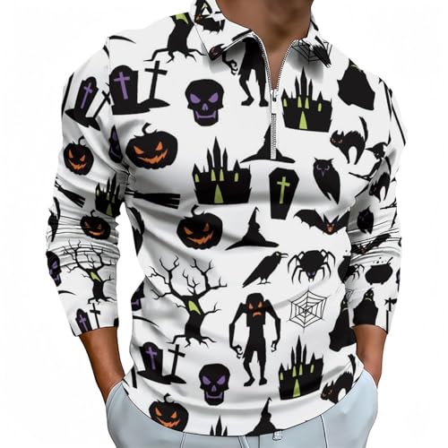 Polo manches longues homme noir citrouille Halloween pour le golf