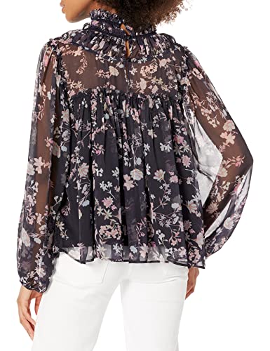 French Connection Women's Diana Recycled Crinkle Long Sleeve Blouse, Utility Blue Multi, L #TOP1