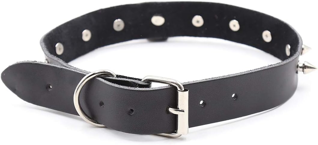 BDSM Black Neck Cover, Genuine Leather Traction Chain, Couple Adjustable Pointed Nail Collar, Women's Punk Style