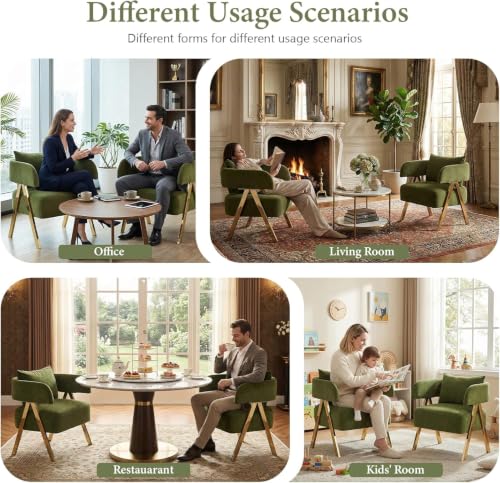 Image of Modern Green Velvet Accent Chairs Set of 2, Barrel Armchairs Living Room