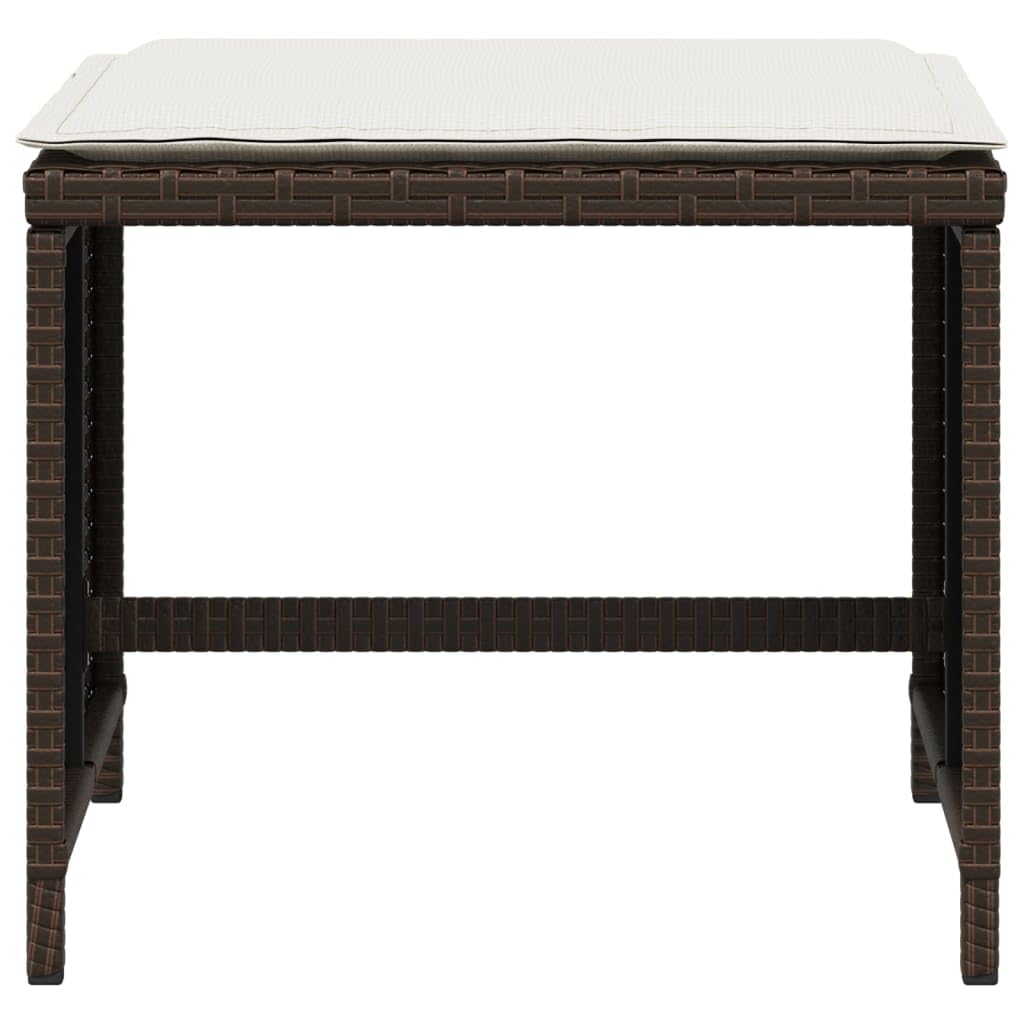 Taboret ogrodowy z poduszkami, 4 sztuki, brązowy, 40 x 40 x 35 cm, polirattan, odporny na warunki atmosferyczne, stal malowana proszkowo, taboret do siedzenia na balkon, taras, do wypoczynku