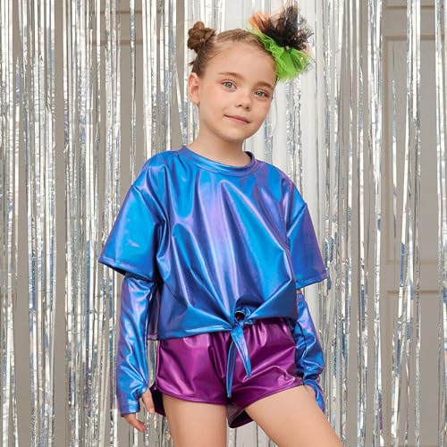 Image of Perfashion Girls Metallic Shirts Shiny Tie Front Knot Crop Top with Arm Sleeves for Dancing Raves Festivals 4-15 Years