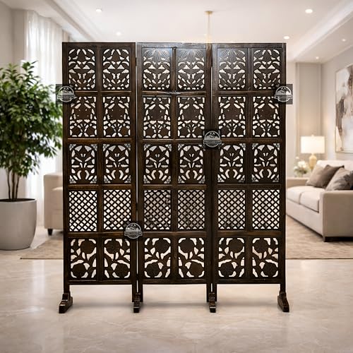 Image of Wooden Room Divider Screen, Carved,Decorative Handcrafted Privacy Screen Separator Wall Divider | Folding Partition with Floral & Jaali Design (Brown, 3 Panel)