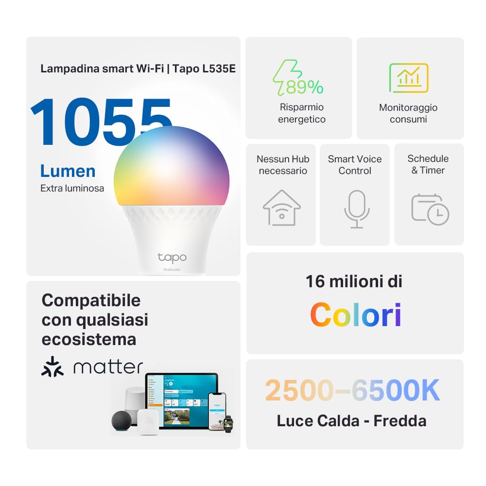 Tapo L535E Matter Lampadina WiFi Intelligente LED Smart Multicolore, E27 Lampadina Compatibile con Alexa e Google Home, 1055 lm, 8.6W, Monitoraggio Energetico, Controllo Remoto Tramite APP