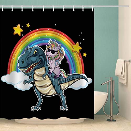 MOXINO Einhorn Duschvorhang Anti-Schimmel 120x180 cm Polyester Stoff Textil Waschbar Badvorhang 3D Lustig Regenbogen Dino Motiv Design Duschvorhänge Wasserdicht Badezimmer Vorhänge mit 12 Haken