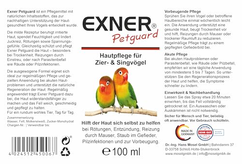 Exner Petguard Tierpflege für Ziervögel & Singvögel - Pflegemittel bei Juckreiz, Haarausfall, Entzündung, Parasiten, Räude, Milben & Pilzbefall - biologisch & natürlich - 100 ml Sprühflasche