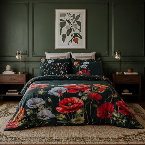 Image of Digitally Printed Premium Bedsheet Set | 300 TC 100% Cotton 1 King Bedsheet Set | Extra Smoothness with Sateen Weave| Poppy Bloom Bedsheet Set (1 Flat Sheet + 2 Pillow Cases)