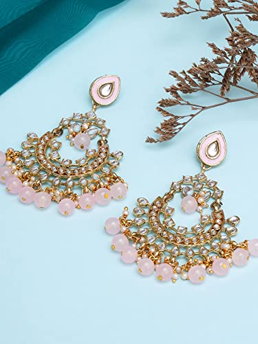 Karatcart Gold Plated Pink Beads Kundan Chandbali Earrings for Women - Image 4