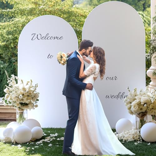 Image of 6FT White Arch Backdrop Cover, Spandex Fitted White Wedding Arch Stand Covers Round Top Chiara Backdrop Cover for Valentines Easter Birthday Party Ceremony Banquet Decoration