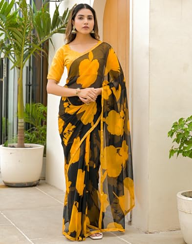 Image of SIRIL Women's Chiffon Printed Saree with Unstitched Blouse Piece