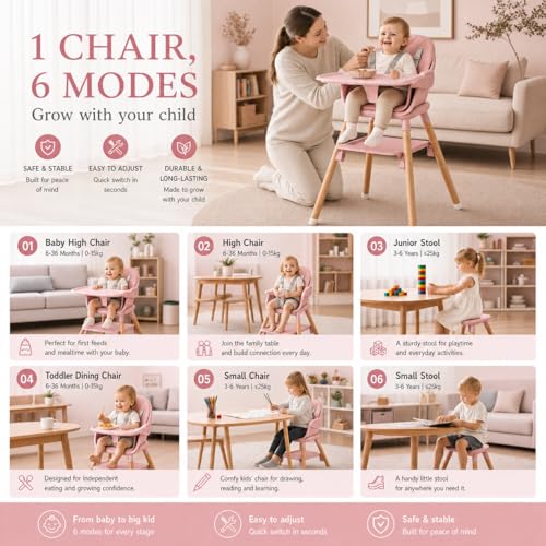Image of Baby Girl High Chair, 6 in 1 Wooden Convertible High Chairs for Babies and Toddlers, Booster Seat with Double Tray & Reversible Footrest Baby Highchair, 5-Point Harness Baby Feeding Chair, Pink