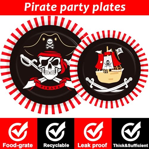 Image of 96pcs Pirate Birthday Tableware Set Pirates Party Paper Plates and Napkins Decorations Pirate ship Bone Disposable Dinnerware Supplies for Adult Teens Kids Birthday Party Favor, Severs 24