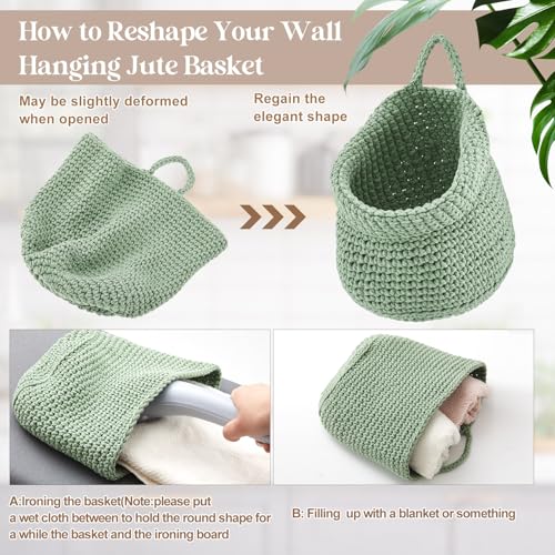 Image of Honeydak 3 Hanging Baskets, Sage Green, Barrel, Cotton Rope