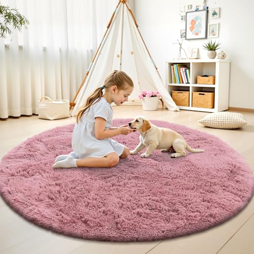 OLANLY Pale Pink Round Rugs for Bedroom - Machine Washable, 6 ft Circle Area Rugs for Living Room, Soft and Fluffy Shaggy Carpet for Teen Girls and Boys, Nursery Rooms, Dorms, Home Decor Aesthetic