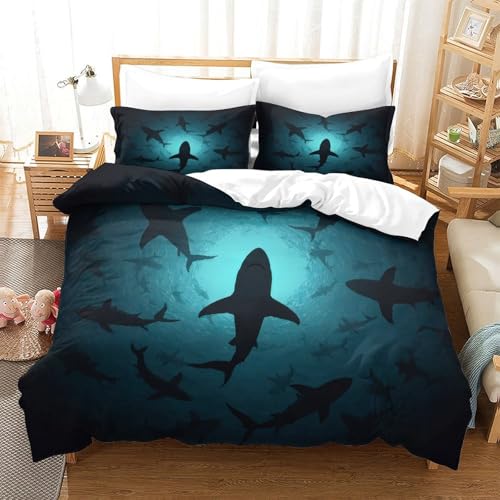 Linge de lit microfibre résistante 3 pièces motif requin 3D - 3