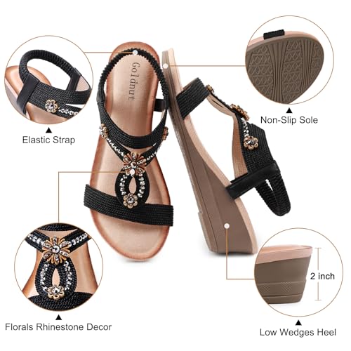 Image of Wedge Sandals for Women Dressy, Woman's Sandal Comfortable Low Wedges Heels Ankle Elastic Strap Sandles with Flower Rhinestones