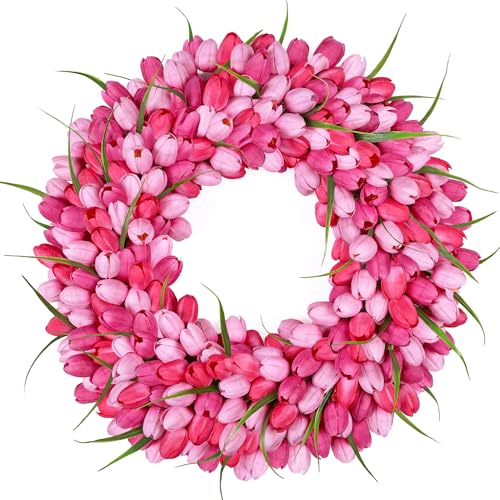 Pink Tulip Wreath Spring Wreaths for Front Door Zmtyykh Artificial Floral Door Wreath for Valentines Day Easter Summer Decor for Outdoor Indoor Window Wall Front Porch Farmhouse Home 22 Inch