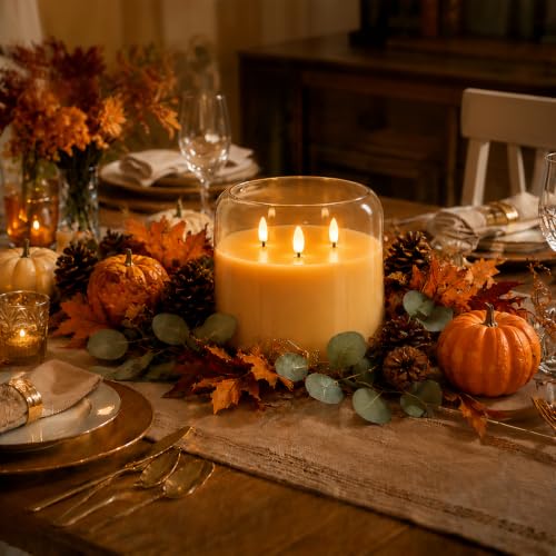 Image of Homemory 6 x 6 Inch Extra Large Flameless Candle, Rounded Rim Amber Glass 3-Wick LED Pillar Candle, Real Wax Battery Operated Candle with Remote Control and Timer for Home Decor