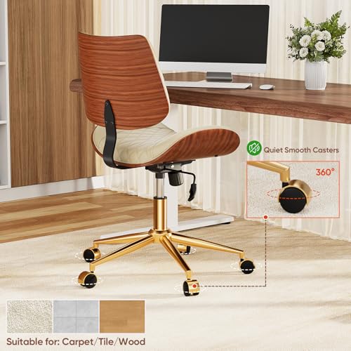 Image of Armless Office Chair with Back, Mid Century Modern Small Desk Chair, No Arms Leather Computer Chair for Home Office, Swivel Vanity Chair, Rolling, Adjustable Height (Ivory)