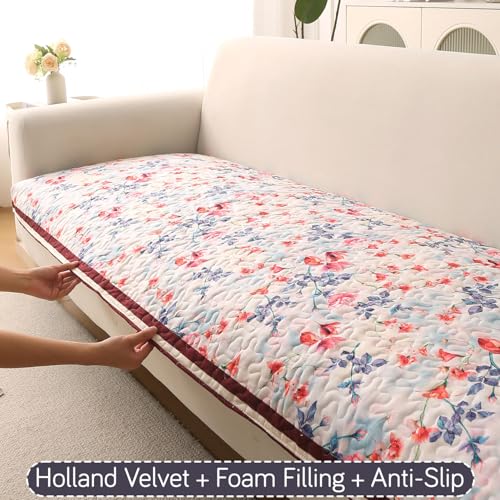 Image of HOKIPO 'Florentina Series' Foam Filled Premium Holland Velvet Sofa Cover Mat for 3 Seater Sofa with Anti-Slip Backing, Scarlet Rose Ivory (IN-881-V4)