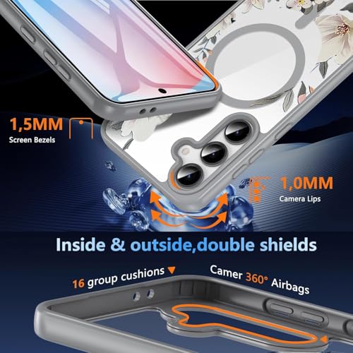 Image of VONZEE Compatible with Samsung Galaxy A35 5G Case Luxury Retro Flowers Floral Clear for Magnetic Wireless Charging Case Shockproof PC+TPU Cute Glossy Shiny Cover for Girls Women, Grey