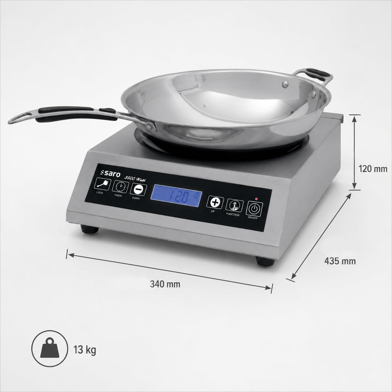 SARO Induktions-Wokkochfeld – Inkl. Wok – 10 Heizstufen – Timer – Edelstahlgehäuse – Temperatur 60–240 °C – 3,5 kW – Modell LOUISA