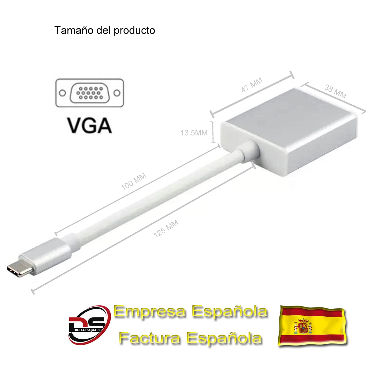 D.Square- Adaptador USB C a VGA 10cm, Macho a Hembra, Convierte la Señal Digital USB-C a Señal VGA, Compatible con iMac, MacBook Air, Google Chromebook Pixel, Lenovo, DELL, HP, Acer.