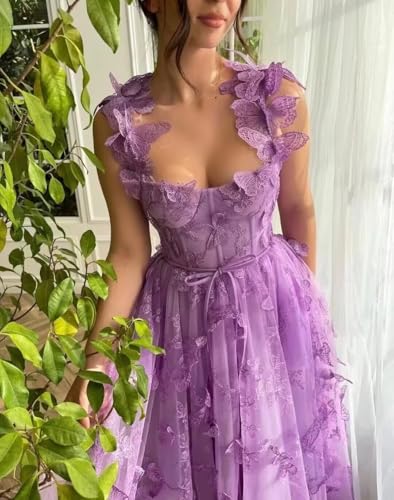 Women's Tulle Tea Length Prom Dress 3D Butterfly Lace Appliques Ball Gowns for Women Formal Party Dress4