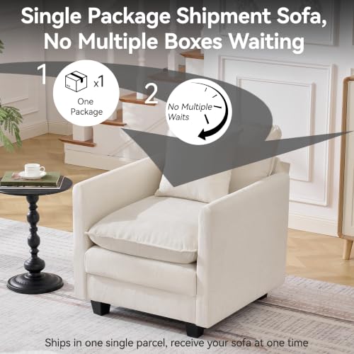 Image of 30'' Cloud Single Couch, Cloud Sofa with Throw Pillow, Modern 1 Seater Reading Chair with Deep Seat, Accent Chairs for Living Room, Bedroom, Small Apartment, Beige