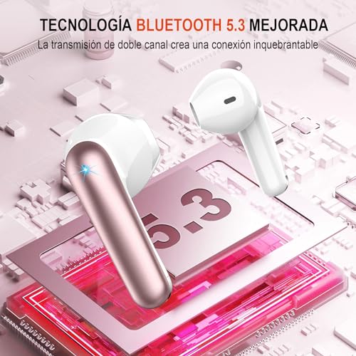 Renimer-Auriculares-Inalambricos-Bluetooth-Auriculares-Bluetooth-53-48-Horas-Estereo-HiFi-con-Reduccion-de-Ruido-IP7-Impermeable-Cascos-Inalambricos-Comodidad-Ligera-Carga-Rapida-USB-COro-Rosa