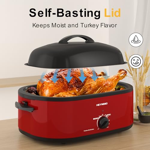 Image of 20 Quart Electric Roaster Oven with Self-basting Lid, Turkey Roaster Oven with Removable Pan and Rack, RED