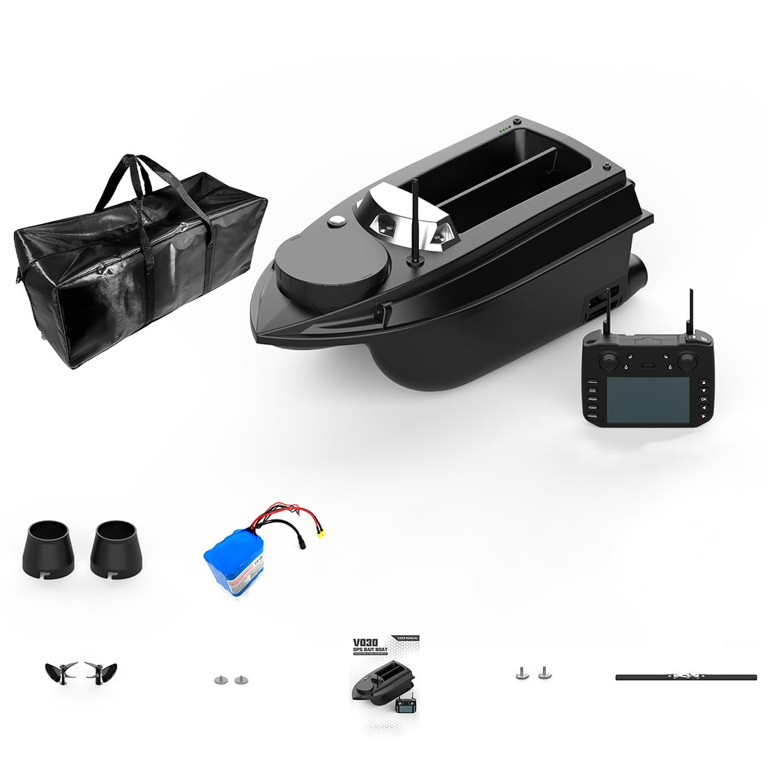Barco de pesca teledirigido para cebo, V030 12V 2.4G 800M, control remoto para cebo, retorno automático, luces LED, 180 puntos de ruta GPS, barco de pesca teledirigido para lago (versión básica/negr